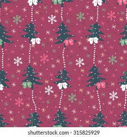 Christmas vector seamless pattern.Garlands of pone trees with mittens, snowflakes and stars