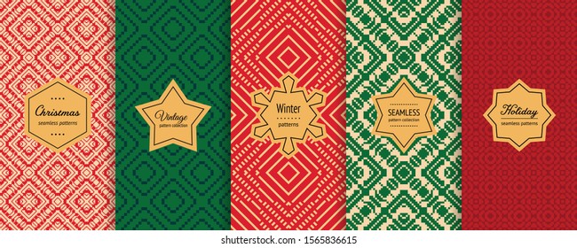 Christmas vector seamless patterns collection. Set of colorful holiday background swatches with elegant labels. Winter Nordic Scandinavian style abstract textures. Retro vintage design for decoration