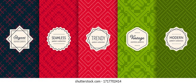 Christmas vector seamless patterns collection. Set of colorful holiday background swatches with elegant labels. Winter Nordic Scandinavian style ornament textures. Retro vintage decorative design