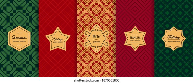 Christmas vector seamless patterns collection. Set of holiday background swatches with elegant labels. Winter Nordic Scandinavian style abstract ornament. Design for decor, print, card, flyer, banner