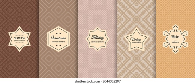 Christmas vector seamless patterns collection. Set of cute modern holiday background swatches with elegant vintage labels. Winter Nordic Scandinavian style ornament textures in trendy pastel colors