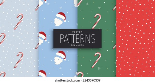 Christmas vector seamless patterns collection with candy, snow, and Santa Claus. Set of colorful holiday background swatches. Holiday Christmas. Vector illustration.	