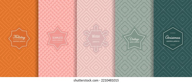 Christmas vector seamless patterns set. Holiday background swatches with elegant labels. Nordic scandinavian style abstract textures. Ethnic folk motif. Retro vintage decorative design. Trendy colors