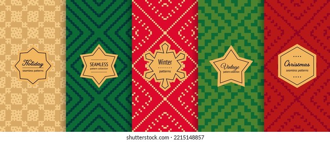 Christmas vector seamless patterns set. Trendy holiday background swatches with elegant labels. Winter nordic scandinavian style abstract textures. Ethnic folk motif. Retro vintage decorative design