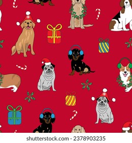 Christmas vector seamless repeat pattern with different dog breeds wearing party hats among gift boxes. Funny festive background with merry xmas dogs, candy canes, gifts, holly berry branches.