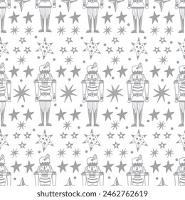 Christmas vector seamless silver Nutcracker and stars pattern.  Seamless pattern can be used for wallpaper, pattern fills, web page background, surface textures.