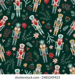 Christmas vector seamless silver Nutcracker and stars pattern.  Can be used for wallpaper, pattern fills, web page background, surface textures.