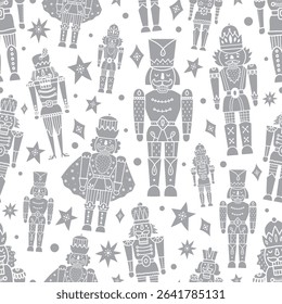 Christmas vector seamless silver Nutcracker pattern. Merry Christmas, New Year wrapping paper, wallpaper, ornament, vector illustration