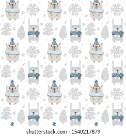 Christmas Vector Seamless texture with rabbit, bear and snowflakes. Can be used for wallpaper, pattern fills, textile, web page background, surface textures. illustration