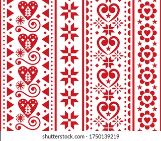Christmas vector seamless vertical pattern - Scandinavian traditional embroidery folk art style with snowflakes, Chritmas trees, flowers and hearts
