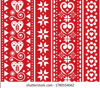 Christmas vector seamless vertical pattern - Scandinavian traditional embroidery folk art style with snowflakes, Chritmas trees, flowers and hearts. Cute Xmas holidays floral Nordic seamless ornament 