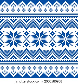 Christmas Vector Seamless Winter Pattern In Navy Blue With Snowflakes, Inspired By Sami People, Lapland Folk Art Embroidery
