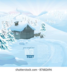 Christmas vector series with copyspace. Winter landscape with wooden cottage in high mountains. Frozen snow and pine forest with slopes in the background