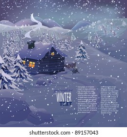 Christmas vector series with copyspace. Winter landscape with wooden cottage in high mountains. Frozen snow and pine forest with slopes in the background. Daylight version also available