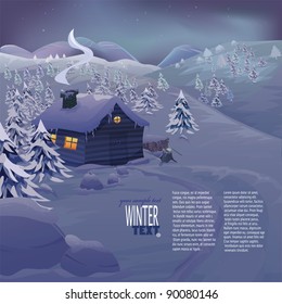 Christmas vector series with copyspace. Winter landscape with wooden cottage in high mountains. Frozen snow and pine forest with slopes in the background