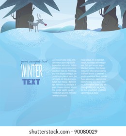 Christmas vector series with copyspace.Vector winter landscape with pine trees and Reindeer and the frozen meadow