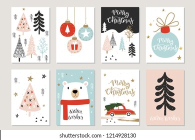 Christmas vector set of 8 cards, for invitations, greetings, posters, prints, tags, stickers, planners