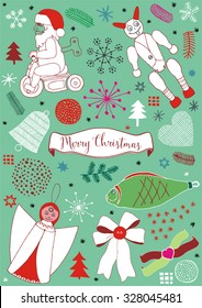 Christmas vector set with angel, devil, fish and Santa, colored background with a Christmas theme