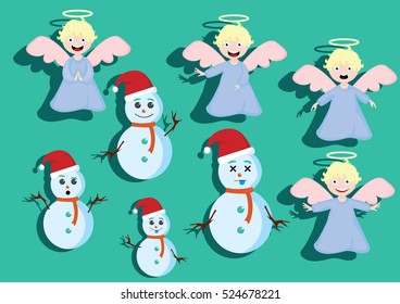 Christmas vector set with angel and snowman in different poses and facial expressions, emotions