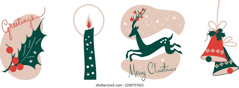 Christmas vector set with bells, deer, candle and holly in mid century style