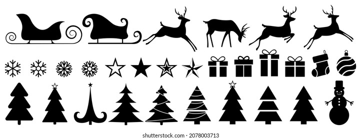 Christmas vector set of black color icons on isolated background. Christmas icons of trees, deer, stars, gifts, and so on for your design. Vector illustration EPS 10
