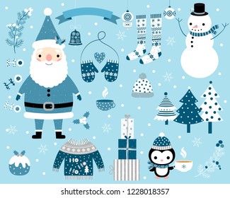 Christmas vector set in blue and white colors with Santa Claus, snowman, penguin and winter clothes and elements