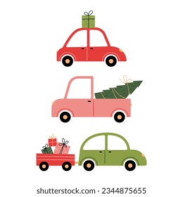 Christmas vector set with cars, fir trees and gifts on a white background.
