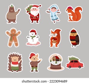 Christmas vector set of cartoon characters and stickers, Santa Claus, snow maiden and others. Vector illustration.