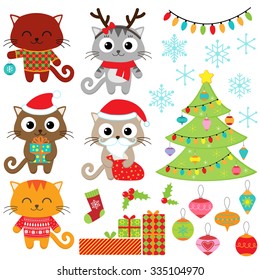 Christmas vector set of cats in costumes, gifts, tree, ornaments and snowflakes