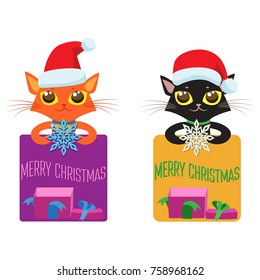 Christmas Vector Set Of Cats In Costumes, Gifts, And Snowflakes. Christmas Kitty With Red Santa Hat. Vector With Cute Cat.