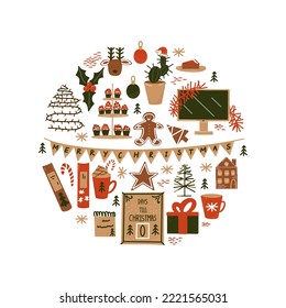 Christmas vector set. Christmas celebration at workplace in the office.