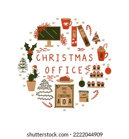 Christmas vector set. Christmas celebration at workplace in the office.