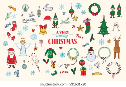 Christmas vector set with chrismas tree, bell, angel, presents, deer, elves, stockings, star, wreaths, snowman. EPS10.