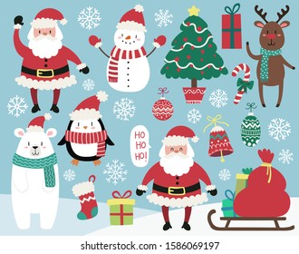 Christmas vector set. Collection of cute cartoon x'mas theme characters in flat style. Funny Santa Claus, winter animal clip art with background. Reindeer, snowman, penguin, polar bear, holiday tree.