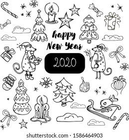 Christmas vector set with contour elements of a rat, Christmas tree, gifts, sweets and Christmas toys