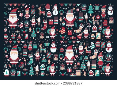 Christmas vector set of cute cartoons icon illustration on black background. Clipart collection asset with Santa Claus, Snowman, Christmas trees. Seamless Christmas. wrapping paper