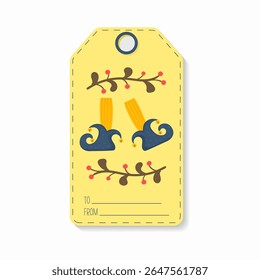 Christmas vector set. Cute paper labels with santa, bullfinch and gingerbread. Happy celebration tags for present box. Winter postcard with cocoa, snow, candy and jolly holiday design.

