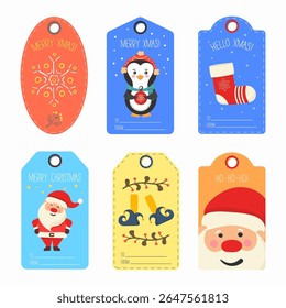 Christmas vector set. Cute paper labels with santa, bullfinch and gingerbread. Happy celebration tags for present box. Winter postcard with cocoa, snow, candy and jolly holiday design.

