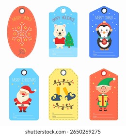 Christmas vector set. Cute paper labels with santa, bullfinch and gingerbread. Happy celebration tags for present box. Winter postcard with cocoa, snow, candy and jolly holiday design.

