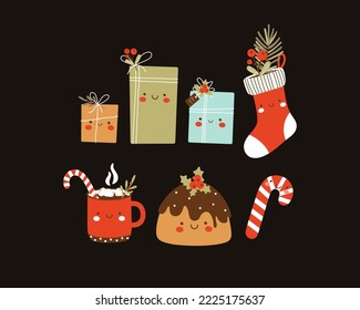 Vector de Navidad con adorables personajes sonrientes. Un bastón de caramelo, pastel, regalos, medias y una taza de chocolate caliente.