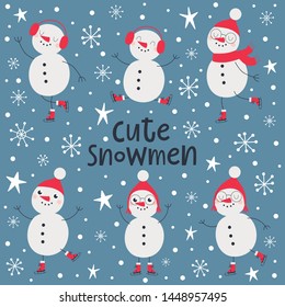 Christmas vector set with cute snowmen.