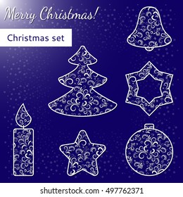 Christmas vector set for decoration. Christmas crocheted ornaments: bell, bowl, candle, star, Christmas tree.