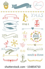 Christmas Vector Set: Design Elements And Page Decoration, Vintage Ribbon, Laurel, Label