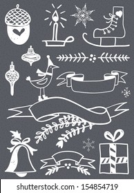 Christmas Vector Set: Design Elements and Page Decoration, Vintage Ribbon, Bird, Bell.