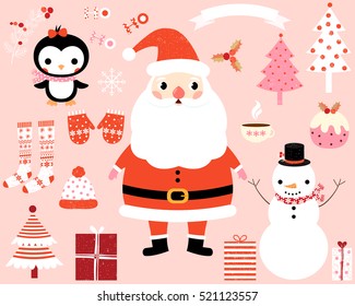 Christmas vector set with design elements in flat style - Santa Claus, penguin, snowman,  stocking, mittens, holly  trees, presents