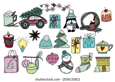 Christmas vector set in doodle style. Hand drawn cute christmas characters, gift box, christmas tree, garland, wreath, coffee, cupcake, candle, spices.