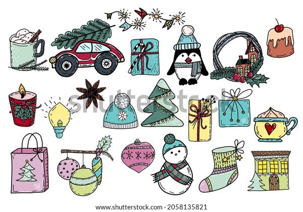 Christmas vector set in doodle style. Hand drawn\
cute christmas characters, gift box, christmas tree, garland,\
wreath, coffee, cupcake, candle,\
spices.