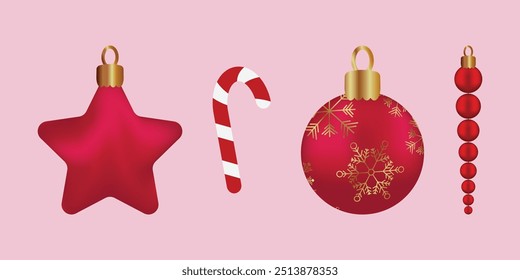 Elementos de conjunto de vetor de Natal colorido 3d realístico Natal ornamentos vermelho bola estrela pirulito bengala contas Xmas brinquedos isolados Decoração de design de férias Ano novo Elemento de inverno Decor