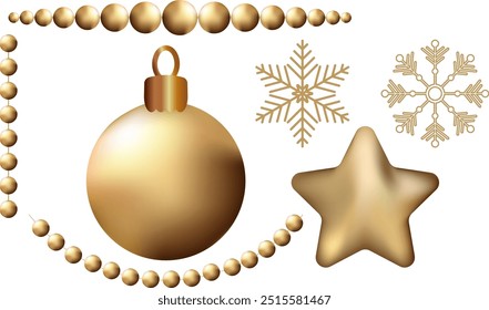 Christmas vector set elements Gold 3d realistic christmas ornaments golden ball star beads snowflakes Xmas isolated toys Holiday design decoration New year colection Winter element Decor