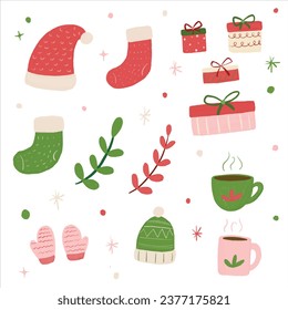 Christmas vector set of elements with hat, sock, coffee, gift, leaf. Stickers set. Hand drawn style